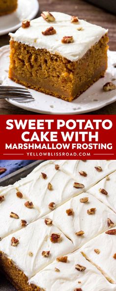 sweet potato cake with marshmallow frosting on a white plate and red text overlay