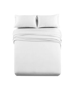 a bed with white sheets and pillows on it's headboard, in front of a white background