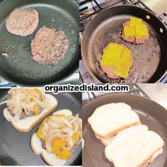 four pictures showing different types of food being cooked