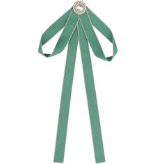 a green ribbon with a pearl brooch on it's end and two rows of ribbons in the middle