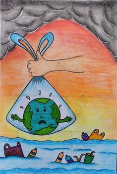 a drawing of a hand holding a bag with the earth in it and trash floating around