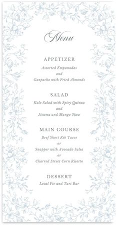 a menu with white flowers on the front and blue trimmings, is shown