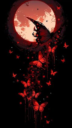 red butterflies flying in front of a full moon with blood dripping from the bottom and side