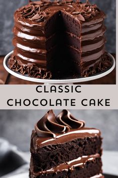 two photos of a chocolate cake with one slice cut out