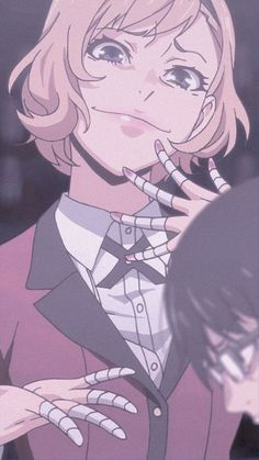 an anime character with blonde hair wearing a suit and holding her hand up to her mouth