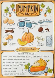 a poster with pumpkin pies and other things to eat on it's side