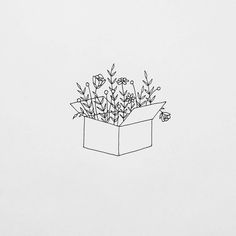 a black and white drawing of flowers in a box