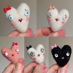 four different pictures of small stuffed animals in their hands, one with eyes and the other with ears