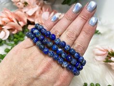 Blue Lapis Lazuli Stretch Mala Beaded Bracelet Luxury Lapis Lazuli Bracelets, Blue Beaded Bracelets For Meditation, Holistic Blue Beaded Bracelets For Healing, Blue Hypoallergenic Spiritual Bracelets, Hand-strung Lapis Lazuli Bracelets For Meditation, Hand-strung Lapis Lazuli Bracelet For Meditation, Spiritual Blue Beaded Bracelets For Meditation, Blue Spiritual Stretch Bracelet For Meditation, Spiritual Hypoallergenic Blue Beaded Bracelets