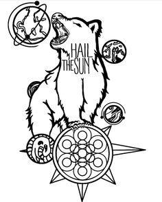 the bear is sitting on top of an object with other symbols around his neck and head