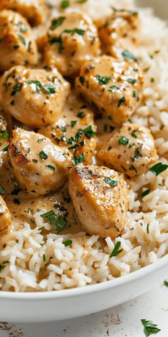 chicken and rice in a white bowl with parsley on top, ready to be eaten