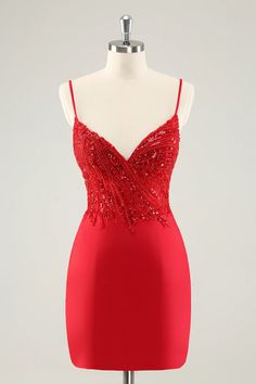 Sparkly Red Bodycon Spaghetti Straps Homecoming Dress with Sequins Backless Homecoming Dresses, Wedding Party Accessories, Red Homecoming Dresses, Dress With Sequins, Red Bodycon, Evening Dresses Cocktail, Short Homecoming Dress, Quinceanera Dresses, Homecoming Dress