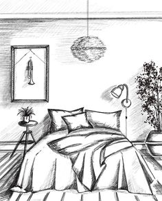 a black and white drawing of a bed in a room with plants on the table