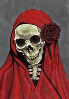 a painting of a skeleton wearing a red veil and holding a rose in its hand