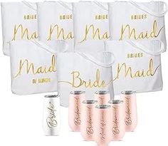 bridesmaid tote bags and six canisters in white with gold lettering