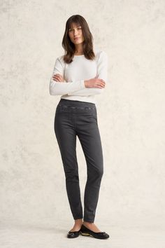 Bengajean Full Length Skinny Leg - Grey Wash Everyday Jeans With Elastic Waistband, Mid-rise Pull-on Jeans For Everyday, Washed Black Stretch Straight Leg Bottoms, Mid-rise Pull-on Pants For Everyday, Gray Stretch High Rise Jeans, Gray Stretch High-rise Jeans, Everyday Mid-rise Pull-on Style Pants, Everyday Mid-rise Pull-on Bottoms, Stretch Gray Jeans For Fall