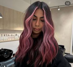 Black Hair With Rose Gold Money Piece, Black Pink Balayage, Pink Curtain Bangs With Brown Hair, Money Piece On Red Hair, Pink Money Piece Hair Brunette, Pink Balayage Black Hair, Pink Front Pieces Hair, Chunky Pink Highlights In Brown Hair, Balayage Hair Pink