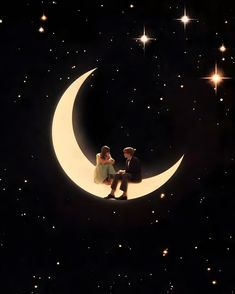 two people sitting on the moon with stars in the background