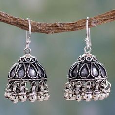 Fair Trade Jewelry Sterling Silver Chandelier Earrings - Silver Bells | NOVICA Silver Jwellary, Desi Jewellery, Sterling Silver Flower Necklace, Oxidised Earrings, Silver Chandelier Earrings, Silver Flower Necklace, Silver Chandelier, Fair Trade Jewelry, Indian Jewellery Design Earrings