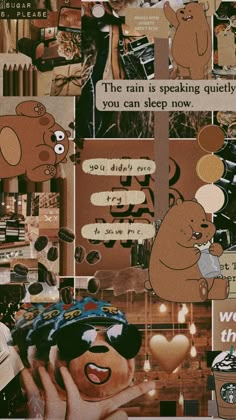 a collage of pictures with teddy bears and words on the bottom, including an image of a woman's face