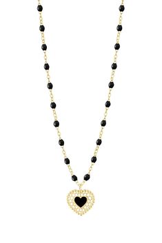 Gigi Clozeau lace heart in necklace in black/yellow gold. 18K Yellow Gold Black Beads 16.5" L Gold Black Beads, Lace Heart, Black Beads, Gold Black, Black N Yellow, Heart Necklace, Yellow Gold, Beads, Yellow