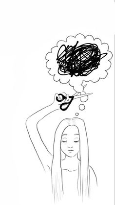 a drawing of a woman with her head in the air and thought bubble above her head