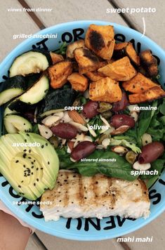 a blue bowl filled with different types of food