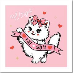 a white cat holding a pink ribbon with the word kitty on it's side