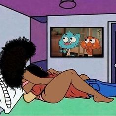 an animated image of a woman laying in bed looking at the cartoon character on tv