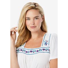 Squareneck top with embroidery. Flutter short sleeves and relaxed fit. Platinum Credit Card, Woman Within, Swimsuits For All, Elbow Sleeve, Tunic Length, Womens Tunics, Color Crystal, Floral Tie, Square Neck