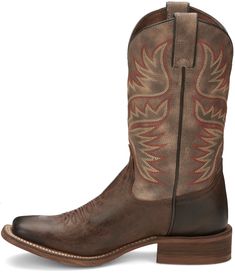 Emblazoned with bold stitching and expert hand-finishing, this boot has a bold, rustic effect. From our Hero collection, the Sierra boot in Antiqued Brown is an 11” square toe boot with a brown cowhide leather vamp with an attention-grabbing stitching design with jolts of deep, rich color on the tan leather-look upper. It’s equipped with an orthotic insole and versatile rubber outsole. This boot features: 11" Vintage Tan upper Antiqued Brown cowhide B Toe, Square Profile 10 Heel, 1 1/8" Height T Western Brown Boots With Reinforced Stitching, Country Style Fitted Boots With Square Toe, Rugged Fitted Boots With Square Toe, Fitted Rugged Boots With Square Toe, Country Style Fitted Square Toe Boots, Rustic Square Toe Boots For Rodeo, Rustic Square Toe Ranch Boots, Western Snip Toe Boots With Reinforced Stitching, Country Style Boots With Square Toe For Western-themed Events