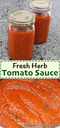 two jars of fresh herb tomato sauce sitting on a counter top next to each other