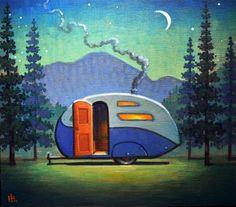 an rv parked in the middle of a forest under a night sky with stars and moon