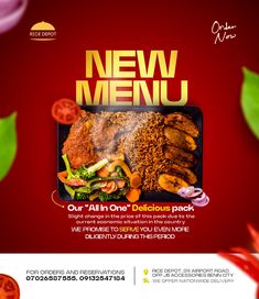 an advertisement for a new menu with vegetables and meats on the side, in red background