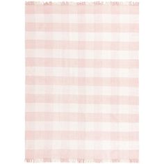 a pink and white checkered rug with fringes