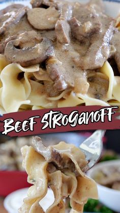 beef stroganoni with mushroom sauce is shown on a plate and in a bowl