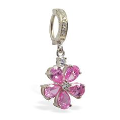 Cute pink flower belly ring made out of solid sterling silver. Fixed to the bottom of the belly ring is a pink and clear cz gem flower dangle charm. The Charm is 3/4 inch long (20mm). Total Length of the TummyToy is 1 5/16 inch (33mm). No other body jewelry offers the convenience, security and beauty of real jewelry like TummyToys. All of our comfortable belly button rings are created with you in mind, they are comfort fit and will not snag on clothing. Our easy to use patented snap-in design ma Pink Dangle Belly Rings As Gift, Pink Dangle Belly Rings For Gift, Pink Flower Charm Dangle Jewelry, Pink Flower Pendant Jewelry With Charms, Sterling Silver Jewelry With Pink Flower Charm, Pink Flower-shaped Cubic Zirconia Jewelry, Pink Sterling Silver Flower-shaped Jewelry, Pink Belly Rings For Wedding, Pink Cubic Zirconia Jewelry With Charms