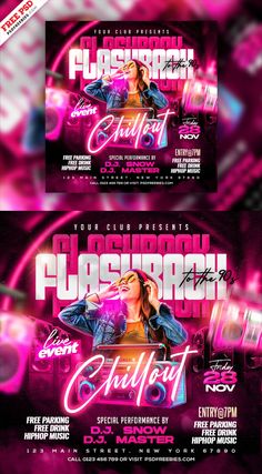 a flyer for a nightclub party with pink lights and neon colors on it, including an image