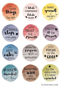 six badges with different sayings on them