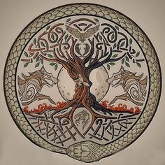 the tree of life is depicted in this decorative plate with celtic writing and symbols on it