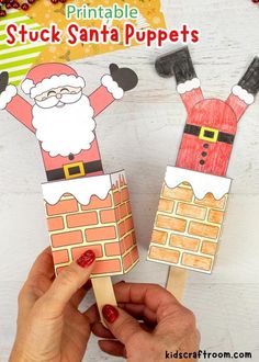 santa and mrs claus puppets made from popsicle sticks with text overlay that says printable stuck santa puppets