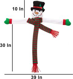 a snowman ornament is shown with measurements for the length and height in front of it