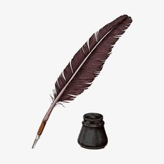 a feather quill next to a black ink pot