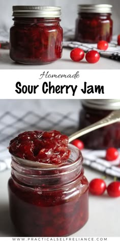 homemade sour cherry jam in a mason jar