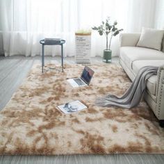 a living room with a couch and rug on the floor