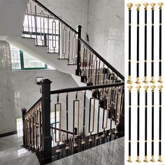 the stair railings are black and gold in color