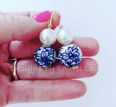 Chinoiserie Floral Bead & Pearl Drop Earrings Blue and White Chinoiserie Wedding / Bridal Party Collection - This is one of my handmade original Chinoiserie jewelry designs. Earrings are about 1.5-1.75" long and are lightweight made with pretty porcelain beads and faux pearls. Gold plated earring hooks are nickel free. *Posts are available as an upgrade. Please contact me if you need larger quantities than shown for wedding parties. Please note that any pearl, gemstone, glass or wooden beads use Elegant Large Beaded Earrings For Gifts, Elegant Beaded Earrings With Large Beads For Gift, Blue Beaded Drop Earrings For Wedding, Blue Round Bead Earrings For Wedding, Chinoiserie Wedding, Blue And White Chinoiserie, Wedding Earrings Drop, Wedding Bridal Party, Orchid Flower