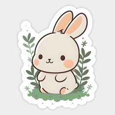 a sticker with an image of a rabbit sitting on the ground in front of leaves