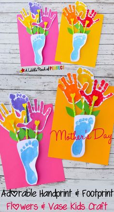 four handprint cards with flowers and footprints on them for mother's day or father's day