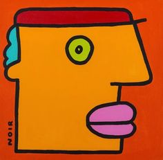 a painting of a man's head with green eyes and pink nose on an orange background